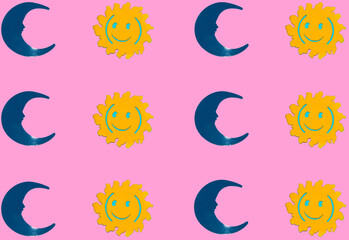 Obraz premium sun and moon copied on pink background, creative art pattern 