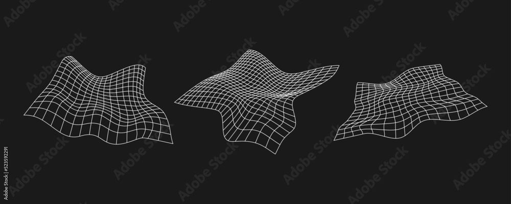 Poster set of cyber distorted grids, retro punk design elements. wireframe wave geometry mesh on black back