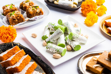 Indian assorted sweet mithai, barfi in a group