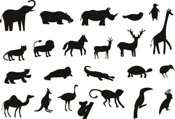 Set funny African arctic Australian Asian zoo wild animals isolated Vectors Silhouettes