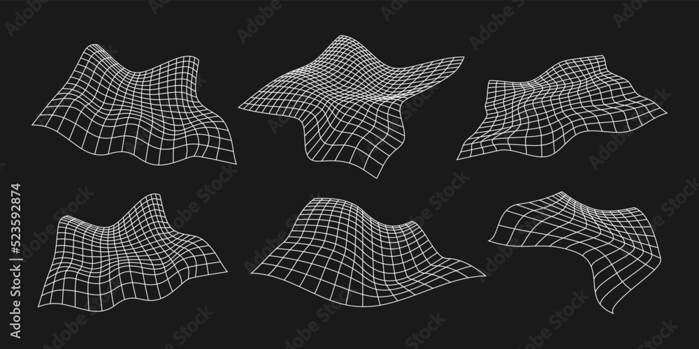 Poster set of cyber distorted grids, retro punk design elements. wireframe wave geometry mesh on black back