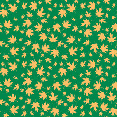 green background with maple orange leaves - vector seamless pattern for fall season