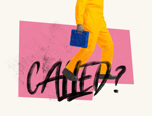 Contemporary art collage. Silhouette of man in yellow worksuit with tool case on duty. Home repair services