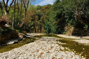 Keuken spatwand met foto The Natisone river during the 2022 drought as it flows through the north east Italian village of Premariacco, Udine Province, Friuli-Venezia Giulia. Normally a very busy swimming spot during the summe © dragoncello
