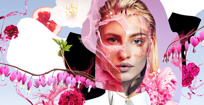 Collage of beautiful women portraits with pink flowers - Powered by Adobe