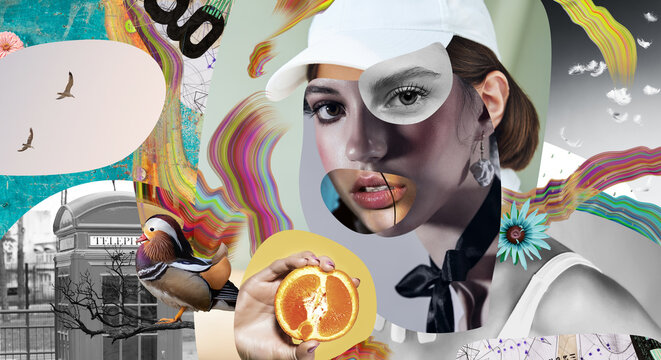 Contemporary art collage of young women with orange in hand