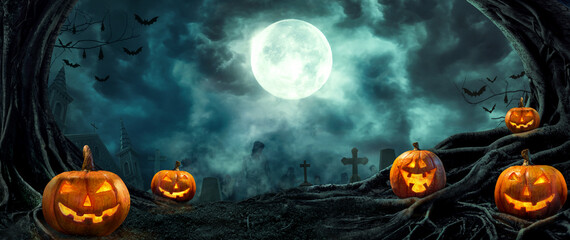 Pumpkin zombie Rising Out Of A Graveyard cemetery and church In Spooky scary dark Night full moon bats on tree. Holiday event halloween banner background concept. - obrazy, fototapety, plakaty