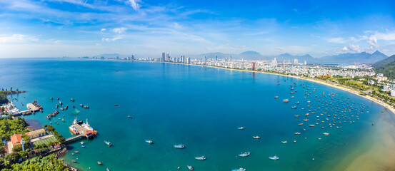 Fototapeta premium Aerial view of Da Nang beach from Son Tra peninsula which is a very famous destination for tourists.