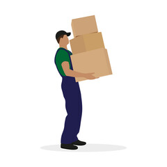 A loader with boxes in his hands stands on a white background