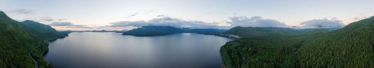 Fototapeta premium Aerial Panoramic View of Kennedy Lake. Near Ucluelet and Tofino, Vancouver Island, BC, Canada. Nature Background.