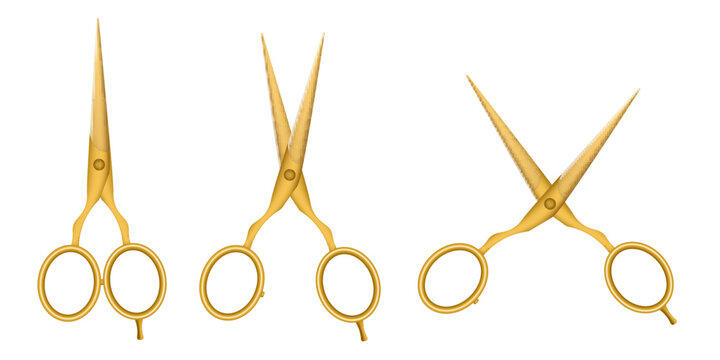 Gold metal hairdresser scissor realistic template vector illustration isolated.