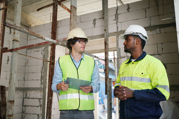 Architect and construction engineer or surveyor discussion plans and blueprints