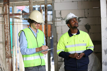 Residential Building. Construction Industry. Caucasian Contractor in the Building.