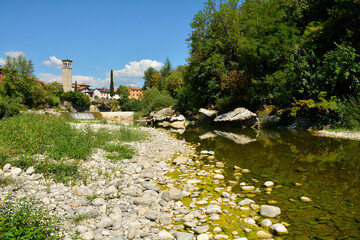 The Natisone river during the 2022 drought as it flows through the north east Italian town of...