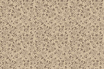 Vector seamless pattern. Pretty pattern in small flowers. Small contour line flowers. Light brown  background. Ditsy floral background. The vintage template for fashion prints. Stock vector.