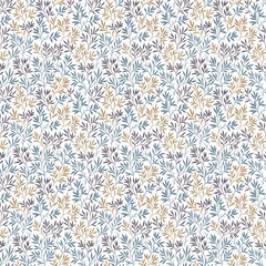 Beautiful floral pattern in small leaves. Small pastel colorful flowers. White background. Ditsy print. Floral seamless background. The elegant the template for fashion prints. Stock pattern.