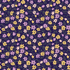 Trendy seamless vector floral pattern. Endless print made of small lilac and yellow flowers. Summer and spring motifs. Violet background. Stock vector illustration.