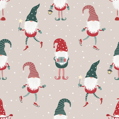 Christmas seamless pattern with scandinavian gnome. Flat style.