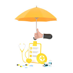 Hand hold yellow umbrella stethoscope, syringe, red heart and check list.