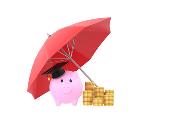 3D. Piggy bank and graduation cap with coins under an red umbrella.