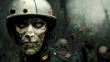 Dead man in helmet and soldier uniform, abstract background