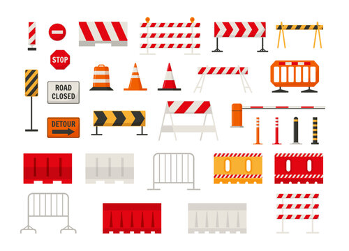 Traffic road barriers or barricades set for safety of driving, flat vector illustration isolated on white background.