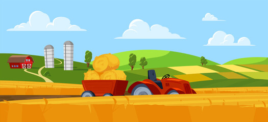 Rural scenery of farmland with hay harvester in field, flat vector illustration. © sabelskaya
