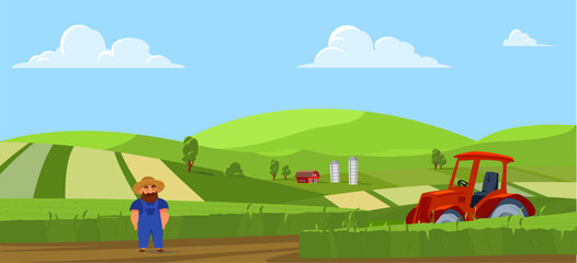 Farmland landscape background with farmer in field, flat vector illustration.