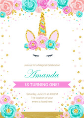 Birthday party invitation with beautiful unicorn surrounded with glitter and flowers. Template vector illustration on pink background. Release clipping mask for full size objects.