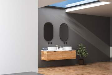 Dark bathroom interior with hardwood parquet floor, black bathtub and double sink with white countertop, mirrors, sky view. Minimalist black bathroom with modern furniture. 3d rendering
