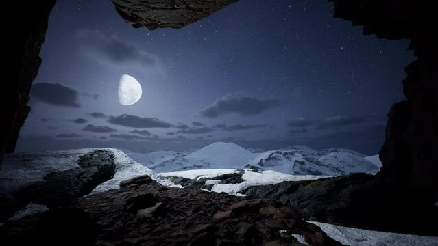 Epic and fantasy view of snowy mountains from a cave. 3d render