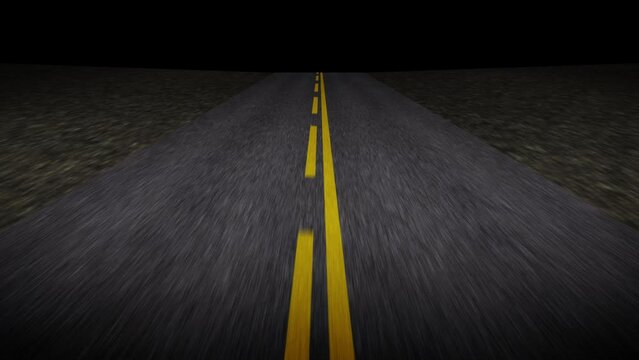 Fast driving on the night road - computer generated loopable animation. Broken yellow lines in the center of the road. Seamless looping animation.