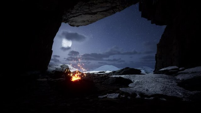 Epic and fantasy view of snowy mountains from a cave. 3d render