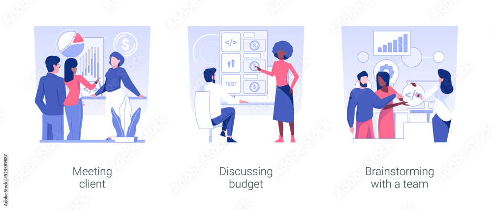 Poster it project management isolated concept vector illustration set. meeting client, discussing budget, b