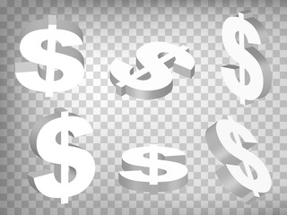 Set of perspective projections 3d dollar character model icons on transparent background.  High detailed 3d dollar character.  Abstract concept of graphic elements for your design. EPS 10