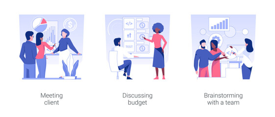 IT project management isolated concept vector illustration set. Meeting client, discussing budget, brainstorming and briefing with team, software development, teamwork organization vector cartoon.
