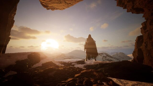 Silhouette of a man, watching epic and fantasy view of snowy mountains from a cave. 3d render