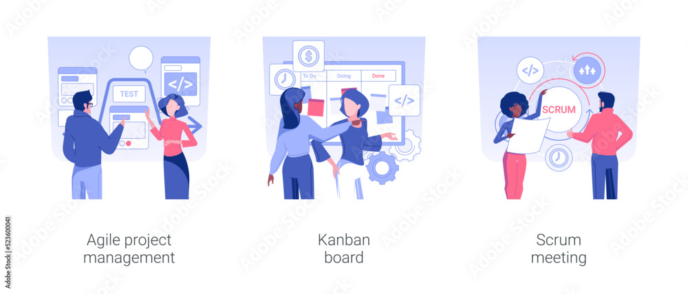 Poster software development planning isolated concept vector illustration set. agile project management, ka