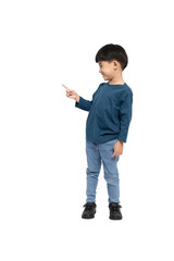 Asian little boy pointing to empty copy space, Full body composition - 523600291