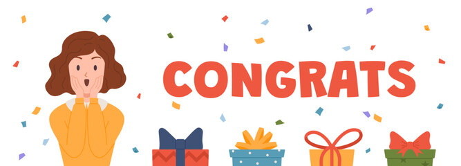 Banner or flyer with surprised woman getting gifts, flat vector illustration.