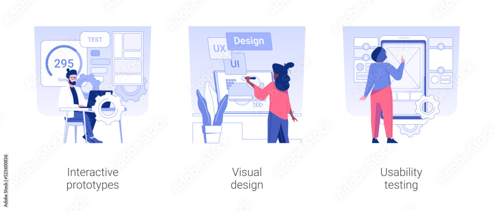 Poster ux designer services isolated concept vector illustration set. interactive prototypes, visual design
