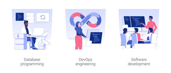 Back end development isolated concept vector illustration set. Database programming, DevOps team, application software engineering, coding database, teamwork in IT company vector cartoon.