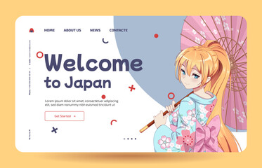 Anime manga girls in traditional Japanese kimono costume holding umbrella. Learn Japanese - Landing page template