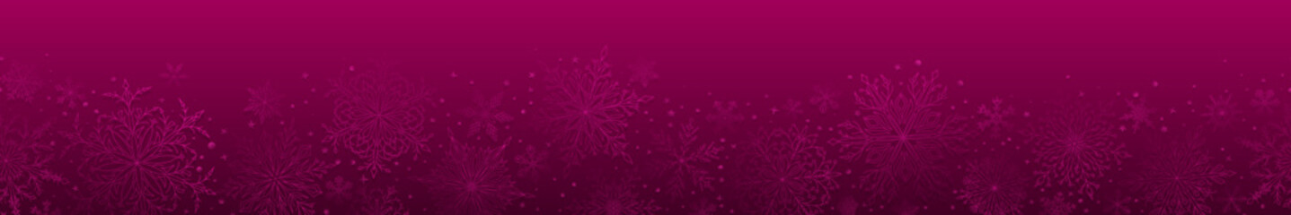 Banner of complex Christmas snowflakes in crimson colors with seamless horizontal repetition. Winter background with falling snow