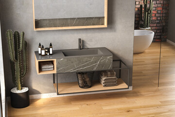 Modern Loft Bathroom interior design, bathtub, parquet floor, sunlight, plants, towels, black basin on wooden shelf with concrete wall. 3d render

