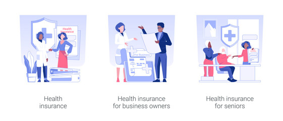 Insurance company service isolated concept vector illustration set. Health insurance, medical protection for business owners, health and life policy for seniors, meeting with doctor vector cartoon.