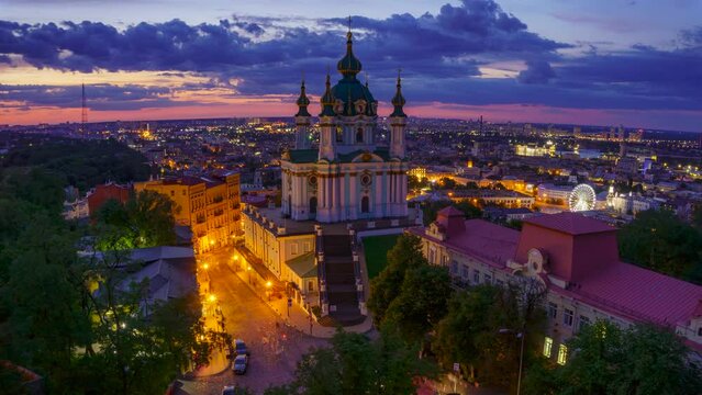 Timelapse of the Night view of the historical center of Kyiv city, Ukraine. St Andrew's Church, Kyiv is an Orthodox church in Kyiv, constructed between 1747 and 1754. Timelapse