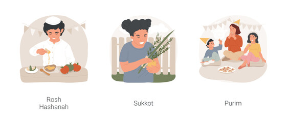 Jewish festivals isolated cartoon vector illustration set. Rosh Hashanah, Jewish New Year celebration, girl preparing for Sukkot, Feast of Ingathering, Purim traditional meal vector cartoon.