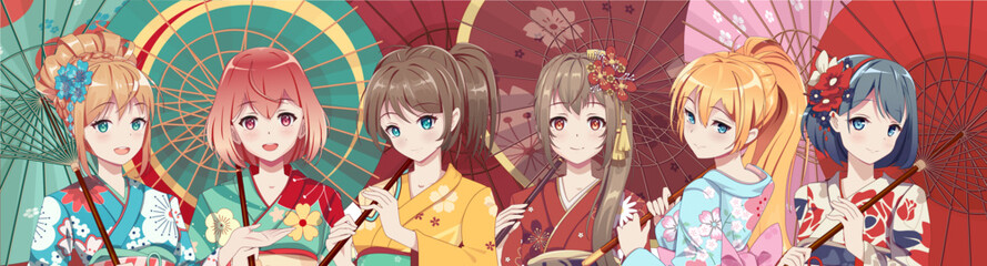 Naklejka premium Group of anime manga girls in traditional Japanese kimono costume holding paper umbrella. Vector illustration on isolated background