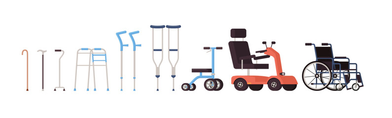 Fototapeta na wymiar Orthopedic equipment with wheelchair and crutches, flat vector isolated.